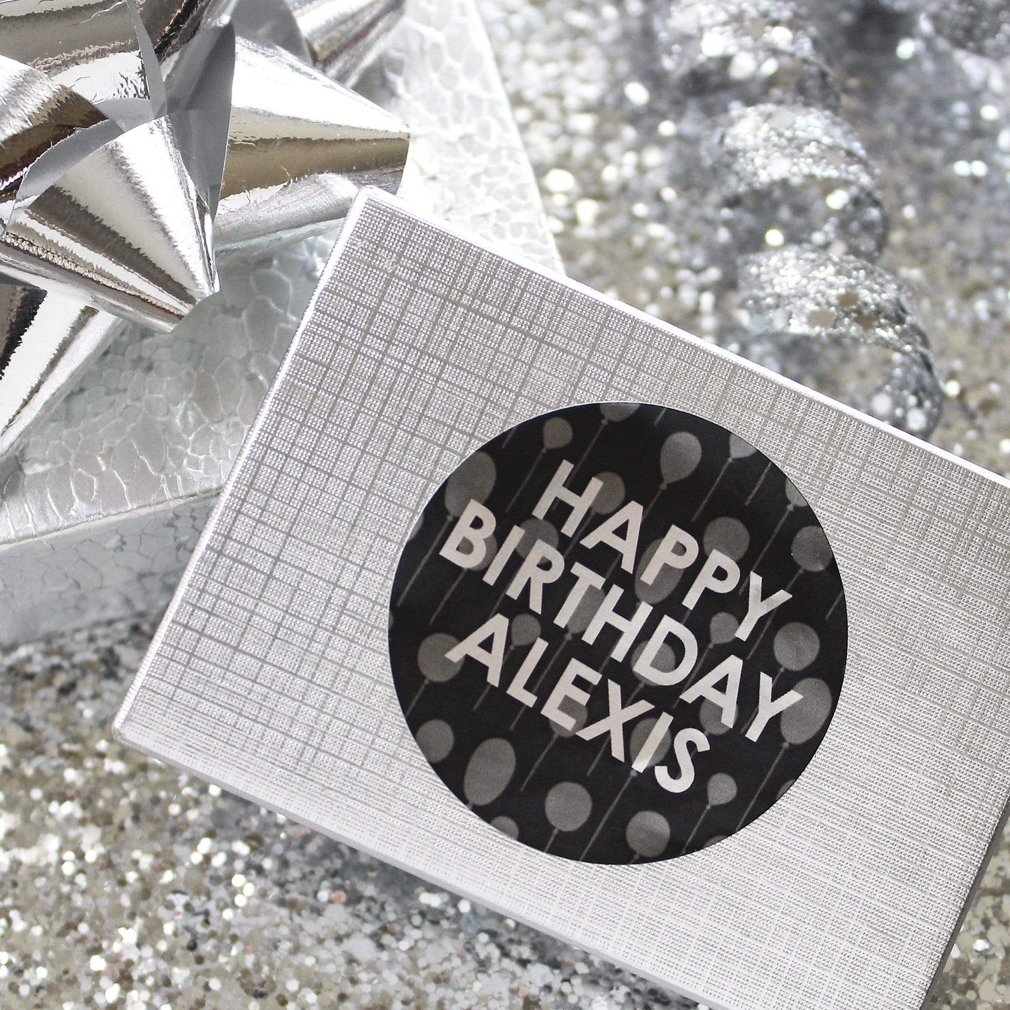 Silver Black Personalized Happy Birthday Party Favor Stickers with Name - 1.75 in - 40 Labels